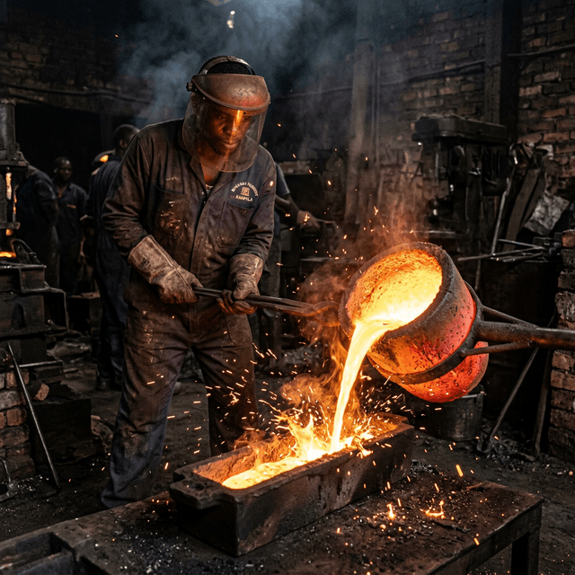 Industrial Smelting — Molten Gold Pour at Mubende Hub